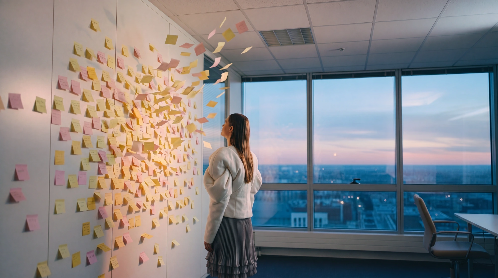 Idémøde: en væg af post-its, hvor sedlerne løsner sig og flyver ud i rummet