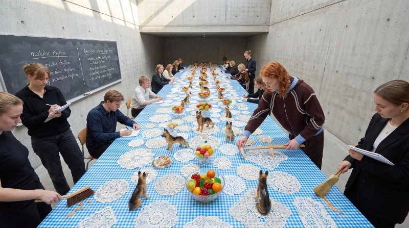 Et team omkring et langt bord med tavle, noter og genstande, der afprøves